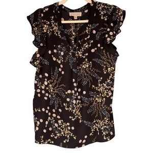 T7‎ Y2K VTG Philosophy Republic Clothing Black Floral Flutter Sleeve V Neck Top